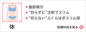 体 ・脂肪吸引・“切らずに”注射でスリム・“切らない”ふくらはぎスリム術 診療科目を見る