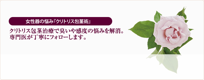 女性器の悩み『クリトリス包茎術』クリトリス包茎治療で臭いや感度の悩みを解消。専門医が丁寧にフォローします。