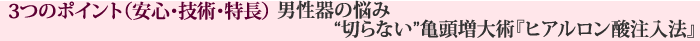 ３つのポイント（安心・技術・特長）男性器の悩み“切らない”亀頭増大術『ヒアルロン酸注入法』