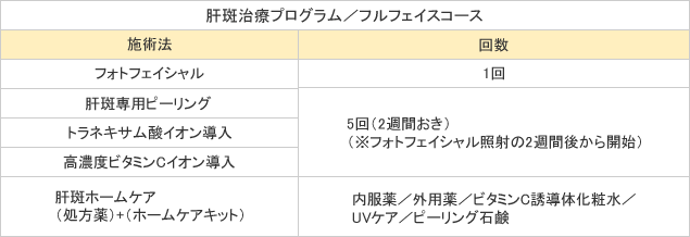 肝斑治療プログラム料金表