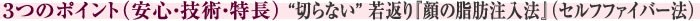 ３つのポイント（安心・技術・特長）“切らない” 若返り『顔の脂肪注入法』(セルフファイバー法)